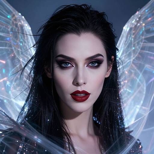 Photograph of a pale-skinned woman with dark hair, red lipstick, and blue eyes, surrounded by glowing, iridescent butterfly wings.