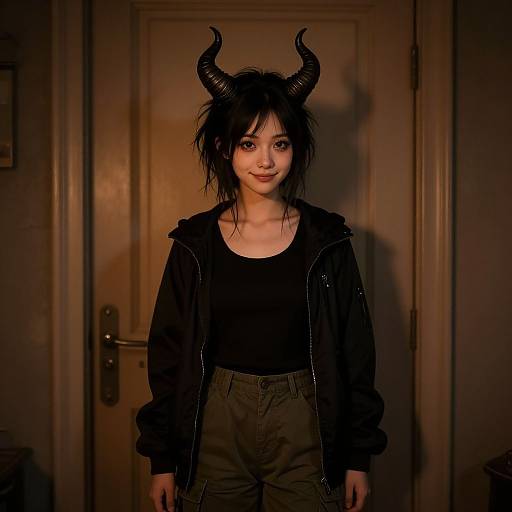 Photograph of an Asian woman with black horns, messy black hair, black top, black jacket, and brown pants, standing in front of a wooden