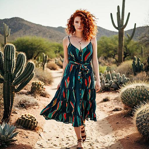 Redhead Woman in Colorful Dress Walking Through Desert Path
