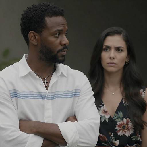 Photograph of a serious Black man with a beard in a white shirt and cross necklace, standing beside a concerned-looking brunette woman in a floral dress.