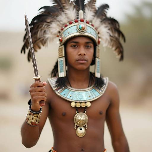 Photograph of a young, shirtless Native American boy with dark skin, wearing a feathered headdress, blue and gold necklace, and bracelet,
