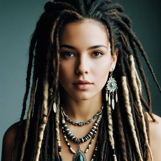 Portrait of Woman with Dreadlocks and Bohemian Jewelry