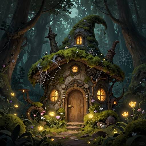 Enchanted forest cottage: whimsical, moss-covered, fairy-tale house with glowing windows, wooden door, surrounded by glowing fireflies, flowers