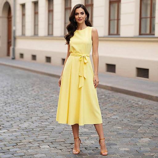Woman in Yellow Dress on Cobblestone