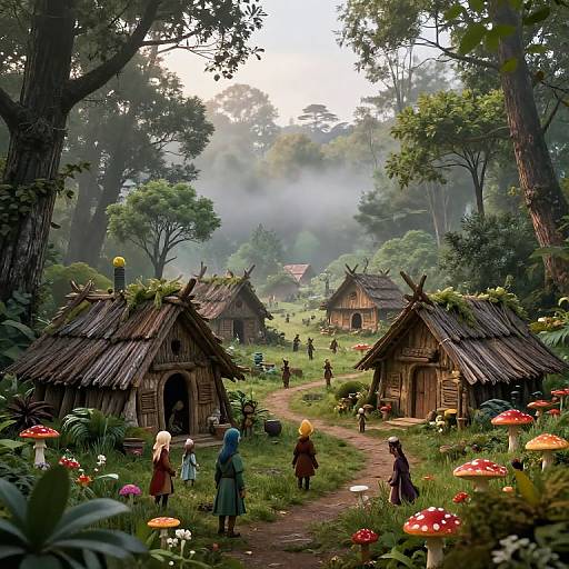 Whimsical forest village scene with fairy-tale cottages, colorful mushrooms, misty background, and children in medieval-style clothing walking a dirt path