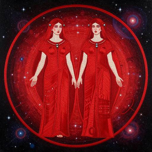 Digital illustration of two identical red-dressed women with long hair, holding hands, set against a cosmic background with stars and galaxies, enclosed in a red