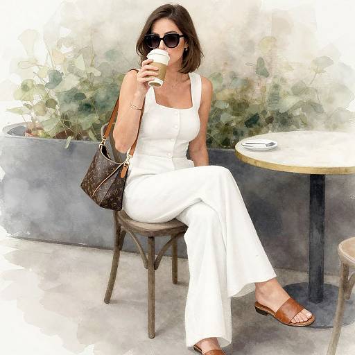 Photograph of a woman with shoulder-length brown hair, wearing sunglasses, white dress, and brown sandals, sipping coffee at an outdoor café.