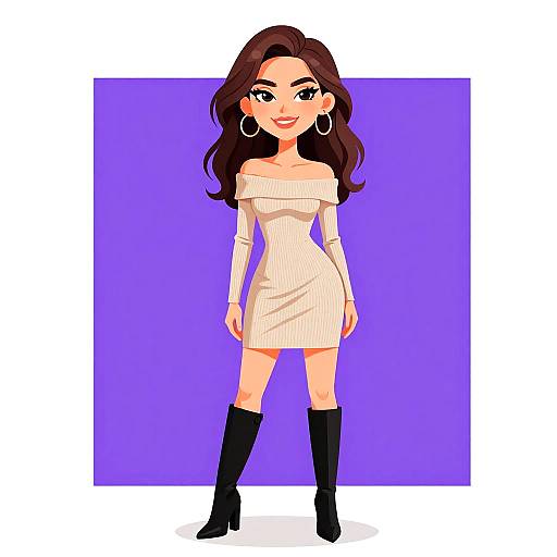 Digital cartoon of a smiling woman with long brown hair, wearing a white off-shoulder dress, black knee-high boots, and large hoop earrings,