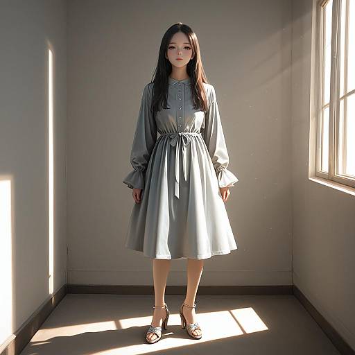 Asian Woman in Grey Dress Standing Indoors