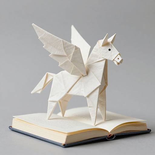 Photograph of a white origami winged horse standing on an open book against a gray background, showcasing intricate paper folds.