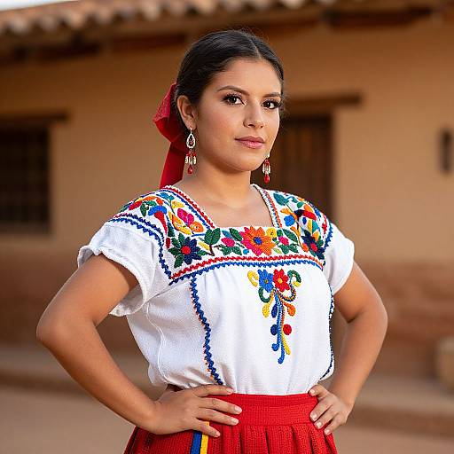 Photograph of a young Latina woman with dark hair, wearing a white embroidered blouse, red skirt, and red earrings, standing confidently in front of a