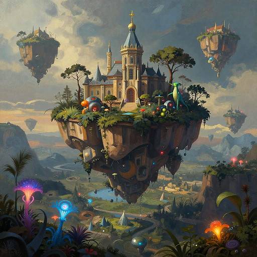 Fantasy digital painting of a floating castle with a golden spire, surrounded by glowing orbs, surrounded by floating islands and lush greenery.