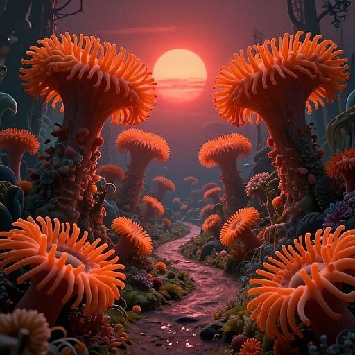 Photorealistic CGI of a surreal forest at sunset, featuring vibrant orange, spiky mushrooms along a winding, glowing path under a radiant red sun.