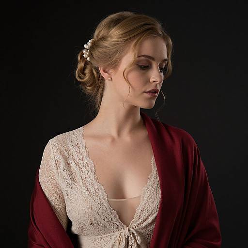 Photograph of a fair-skinned woman with blonde hair in an elegant updo, wearing a lace, deep V-neck top and burgundy shawl