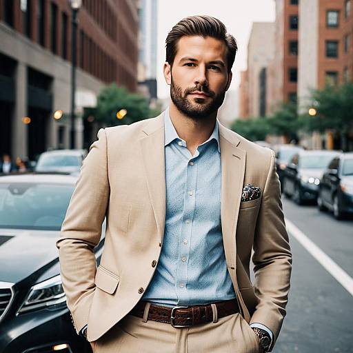 Confident man in beige suit on city street
