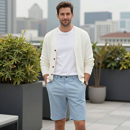 Photograph of a handsome man with short brown hair and beard, wearing a white cardigan, white t-shirt, and light blue shorts, standing on