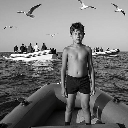 Boy Standing in Boat on Mediterranean Sea