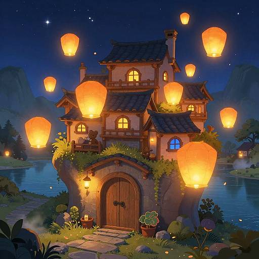 Whimsical digital illustration of a glowing lantern-lit, fairy-tale house on a rocky island, surrounded by a starry night sky, tranquil