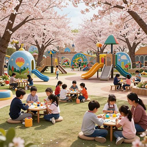Photograph of children playing and eating on the grass under cherry blossom trees in a colorful, sunny playground with inflatable slides and playground equipment.