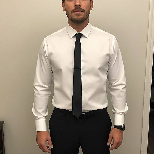 Photograph of a bearded man with light skin, wearing a white dress shirt, black tie, black pants, and a black watch, standing against