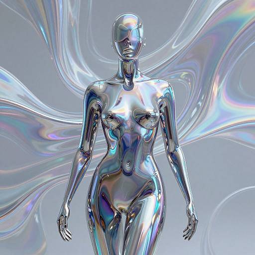 Digital CGI of a shiny, metallic, nude female figure with reflective, iridescent wings in the background, showcasing a futuristic, ethereal style.