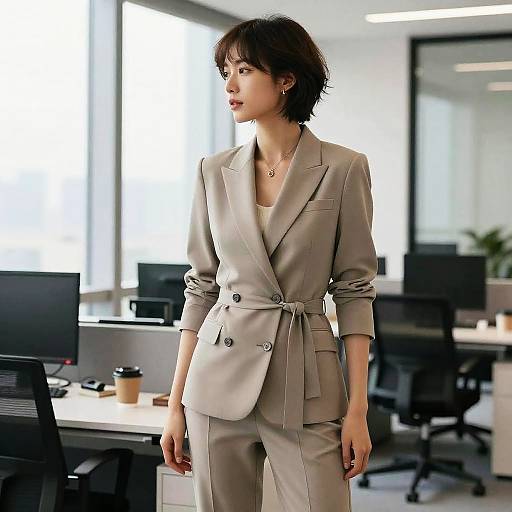 Photograph of an Asian woman with short dark hair, wearing a light gray tailored suit, standing in a modern, brightly lit office with large windows and