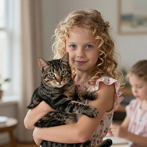 Young Girl with Tabby Cat in Floral Dress