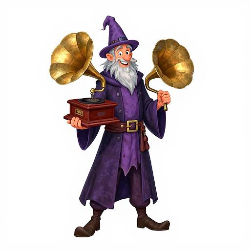 Cartoon wizard with purple robe, pointy hat, white beard, holding a book and golden trombone, smiling, white background.