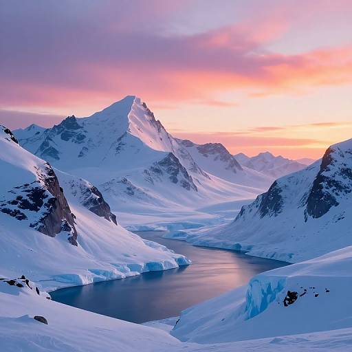 Photograph of a stunning Arctic landscape at sunset, featuring snow-covered mountains, a serene blue glacier lake, and a vibrant pink-orange sky.