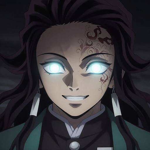 Digital anime-style portrait of a character with glowing blue eyes, dark dreadlocks, intricate facial tattoos, and a sinister grin, wearing a high-coll