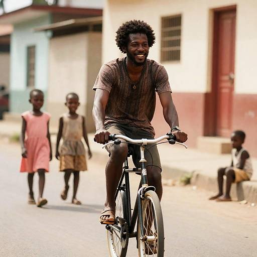 Smiling man riding bicycle on street