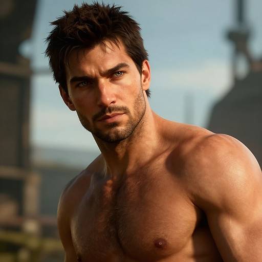 Photorealistic CGI image of a shirtless, muscular man with dark hair, beard, and piercing blue eyes, standing outdoors against a blurred cityscape