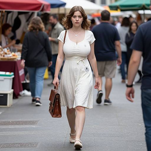 Photograph of a confident woman with wavy brown hair, wearing a white dress, beige shoes, and brown handbag, walking through a bustling outdoor