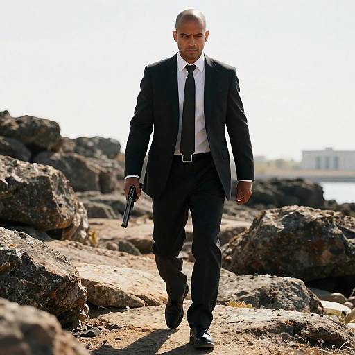 Serious Man in Suit Holding Gun on Rocky Terrain