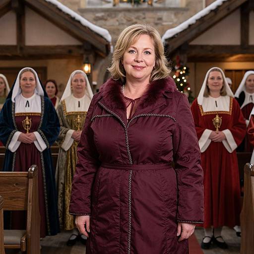 Photograph of a middle-aged woman with shoulder-length blonde hair, wearing a maroon coat with fur trim, standing in a wooden chapel in front of