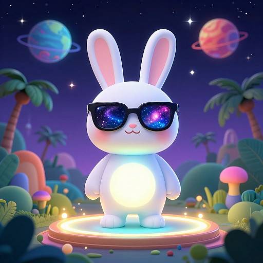 CGI cartoon bunny with glowing white fur, wearing dark starry sunglasses, standing on illuminated platform in futuristic, neon-lit, space-themed forest.