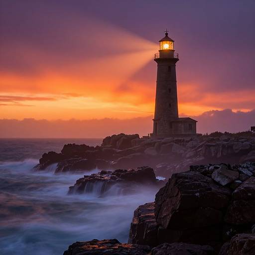 Photograph of a lit lighthouse at sunset, with vibrant orange and purple sky, waves crashing against dark rocky cliffs.