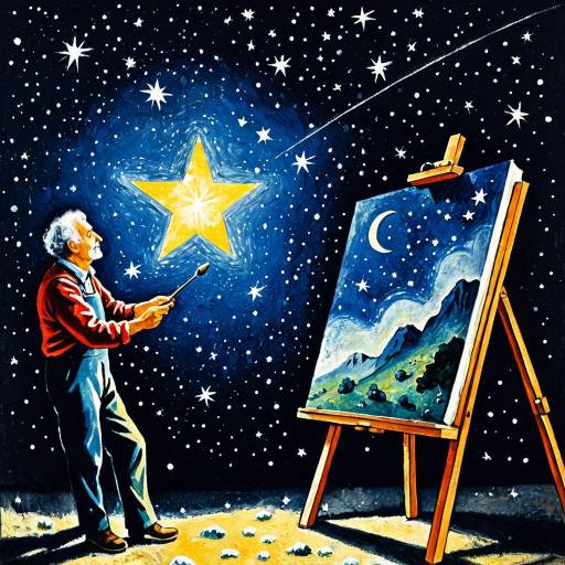 Old Artist Painting Stars in Marc Chagall Style