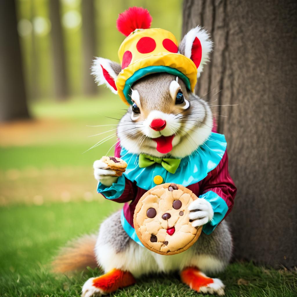 Whimsical Clown Squirrel Enjoying a Cookie