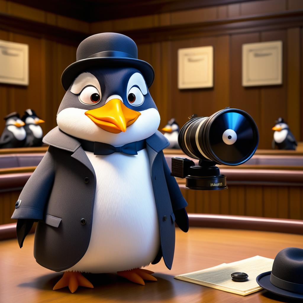 Whimsical Penguin Detective in Courtroom Showdown