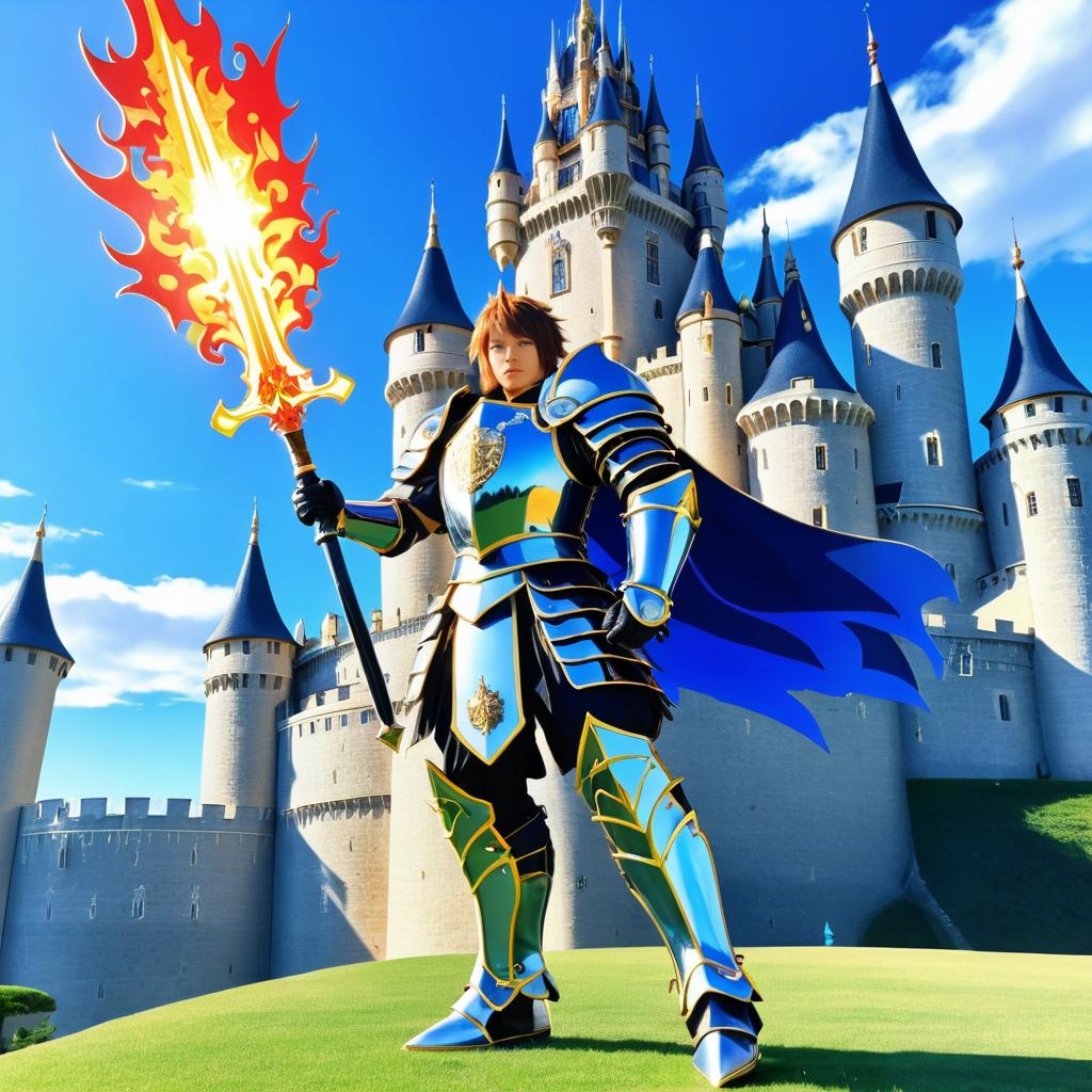 Epic Knight with Flaming Sword at Castle