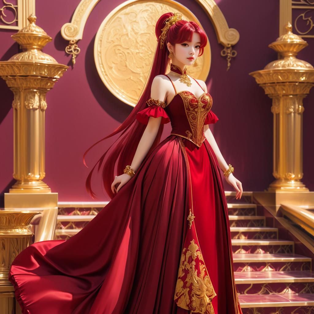 Elegant Anime Girl in Burgundy and Gold