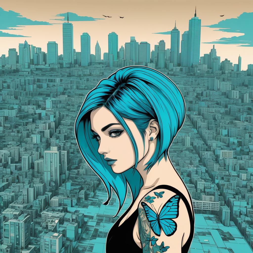 Cyan Hair and Butterfly Tattoo Illustration