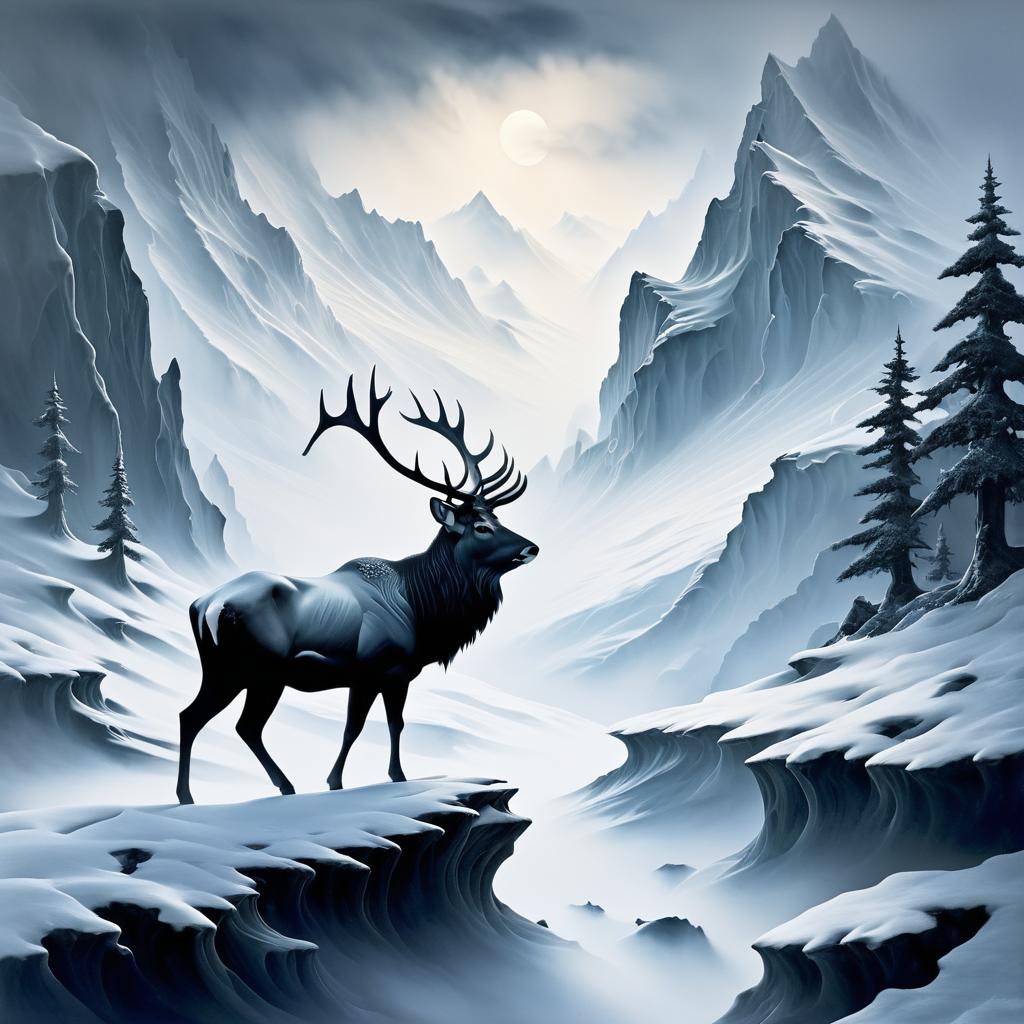 Ghostly Stag in Snowy Mountain Majesty