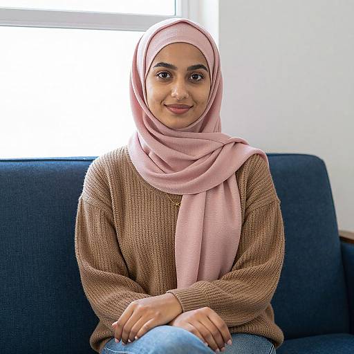 Photograph of a smiling young woman with medium brown skin, wearing a pink hijab and brown knitted sweater, sitting on a blue couch with light