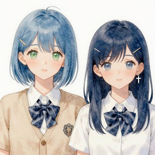 Whimsical Schoolgirls with Blue Hair Portrait