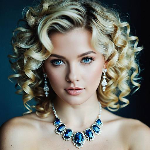Blonde Woman with Curly Hair and Blue Gem Jewelry