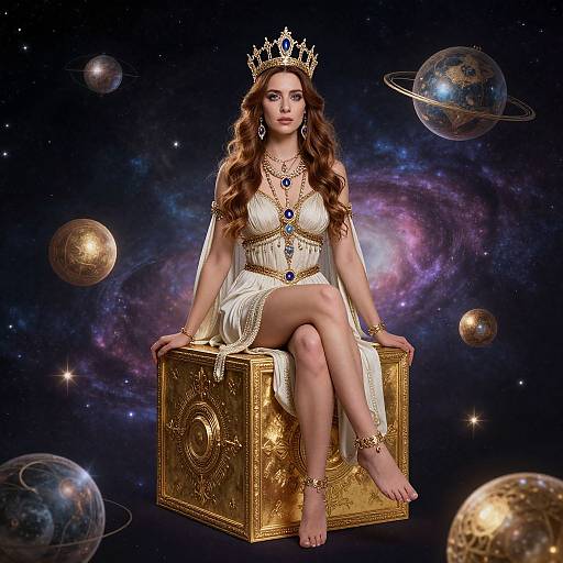 Digital art of a crowned, fair-skinned woman with long brown hair, sitting on a golden cube in a cosmic background. She wears a white,
