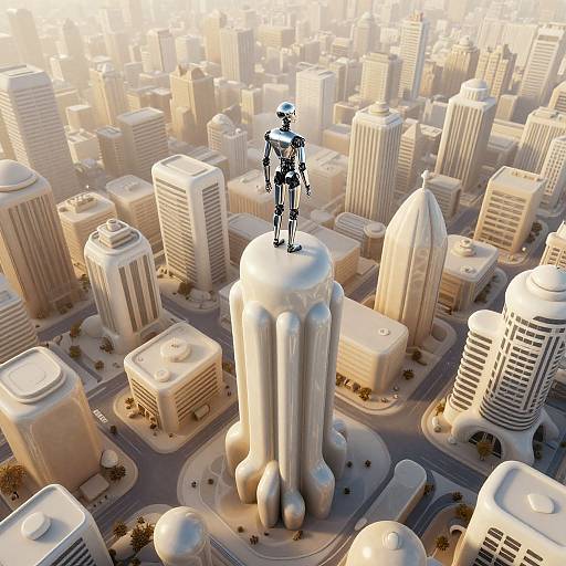 Digital CGI of a cityscape with a small, futuristic robot standing on a tall, white, dome-topped building amidst towering skyscrapers. Sun