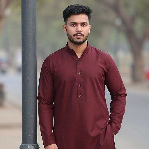 Photograph of a young South Asian man with short black hair, beard, and serious expression, wearing a maroon long kurta, standing beside a